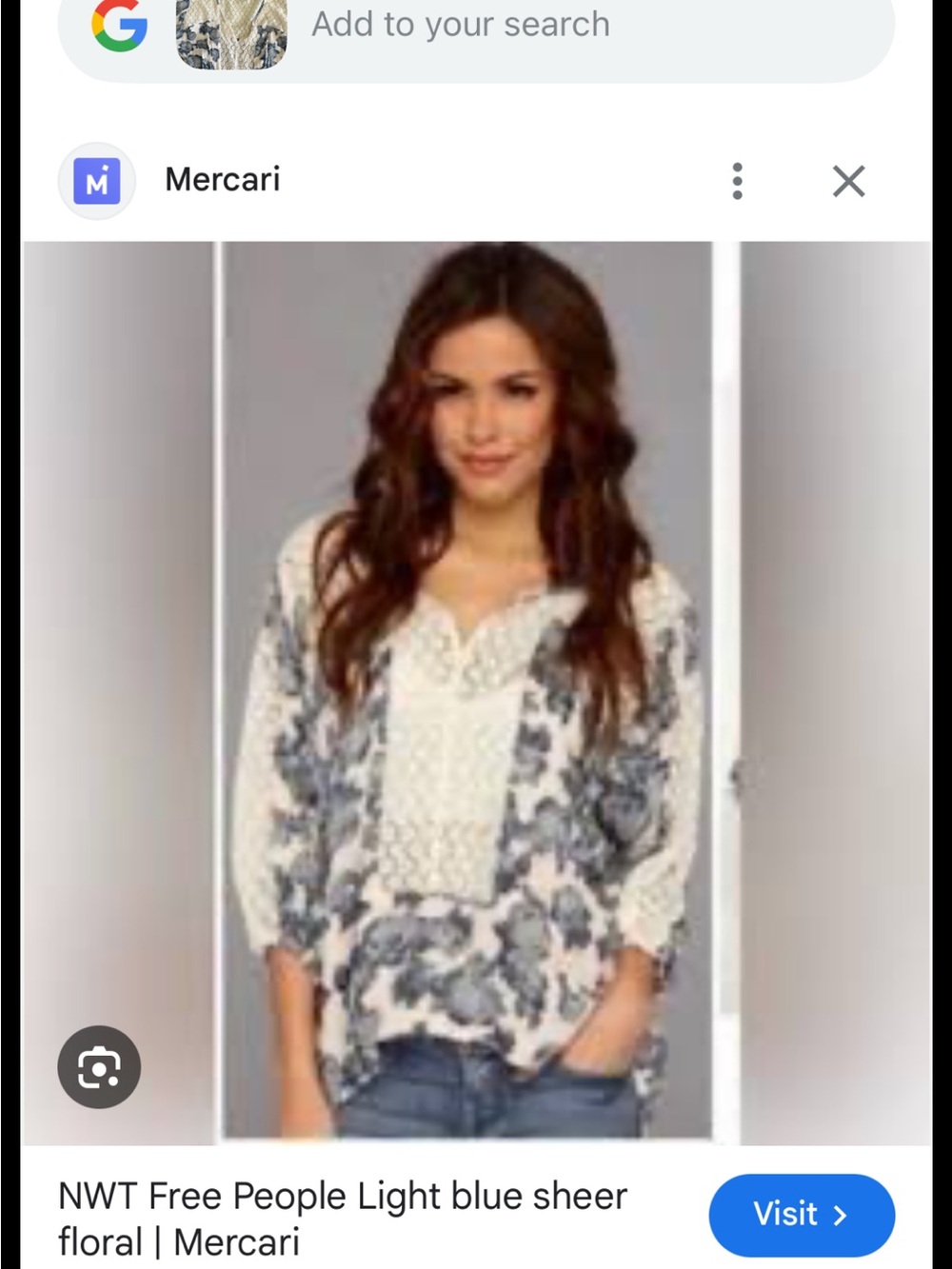 Free People Cream and Light Blue Sheer Floral Crochet Blouse